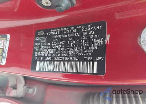 2013 Hyundai Tucson Gls из США, поврежденный, VIN KM8JU3ACXDU649785